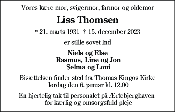 Dødsannonce for Liss Thomsen