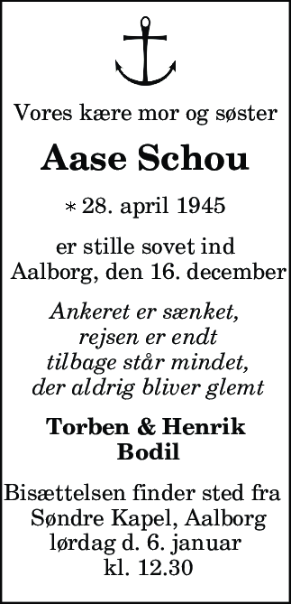Dødsannonce for Aase Schou