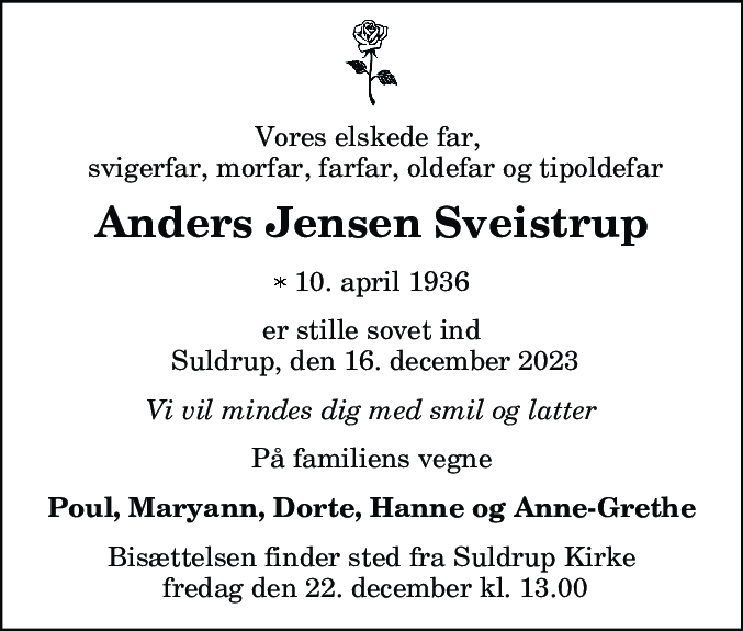 Dødsannonce for Anders Jensen Sveistrup