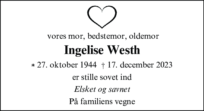 Dødsannonce for Ingelise Westh