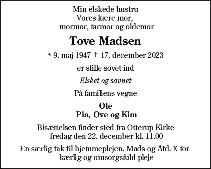 Dødsannonce for Tove Madsen