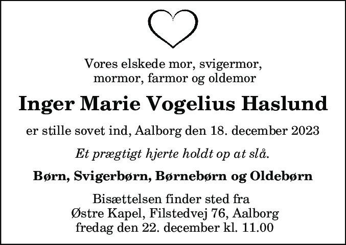 Dødsannonce for Inger Marie Vogelius Haslund