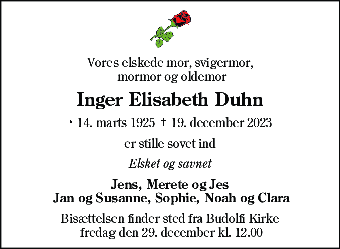 Dødsannonce for Inger Elisabeth Duhn