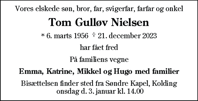Dødsannonce for Tom Gulløv Nielsen
