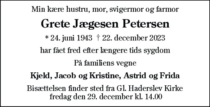 Dødsannonce for Grete Jægesen Petersen