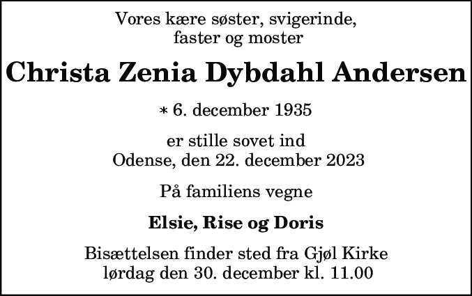 Dødsannonce for Christa Zenia Dybdahl Andersen