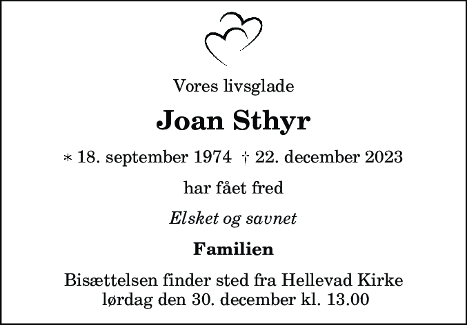Dødsannonce for Joan Sthyr