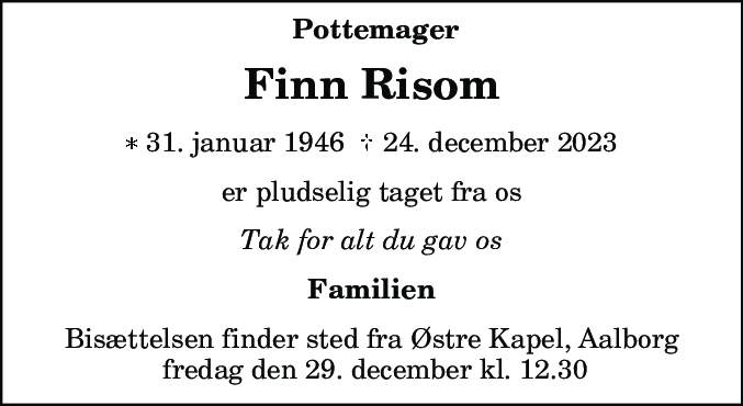 Dødsannonce for Finn Risom