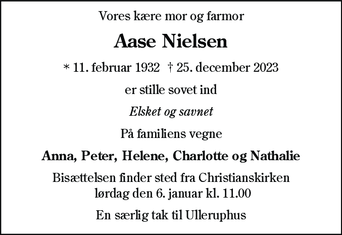 Dødsannonce for Aase Nielsen