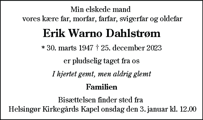 Dødsannonce for Erik Warno Dahlstrøm
