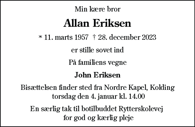 Dødsannonce for Allan Eriksen