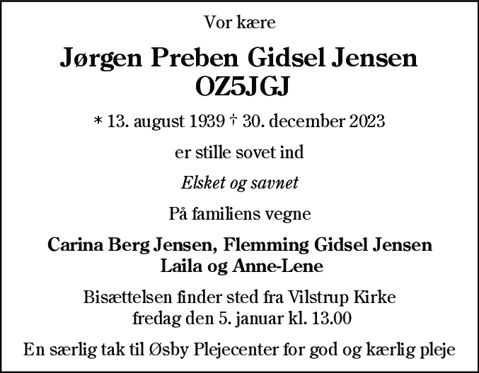 Dødsannonce for Jørgen Preben Gidsel Jensen