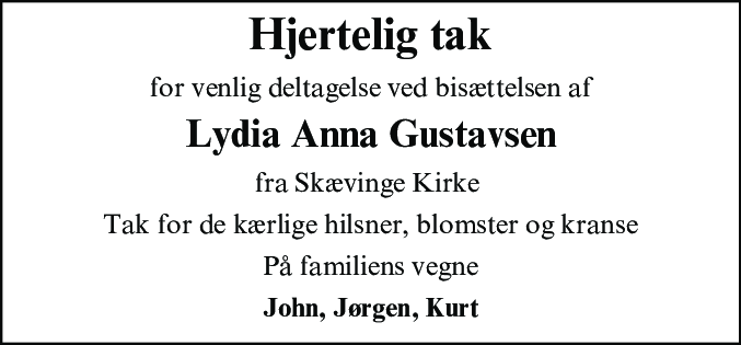 Dødsannonce for Lydia Anna Gustavsen
