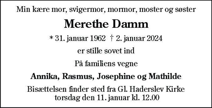 Dødsannonce for Merethe Damm