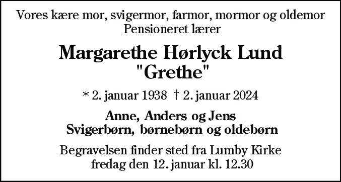 Dødsannonce for Margarethe Hørlyck Lund