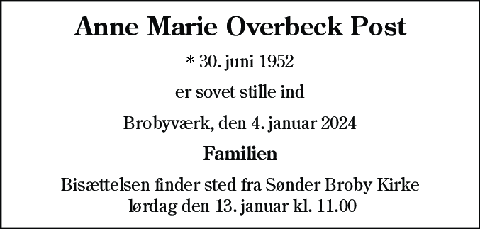 Dødsannonce for Anne Marie Overbeck Post