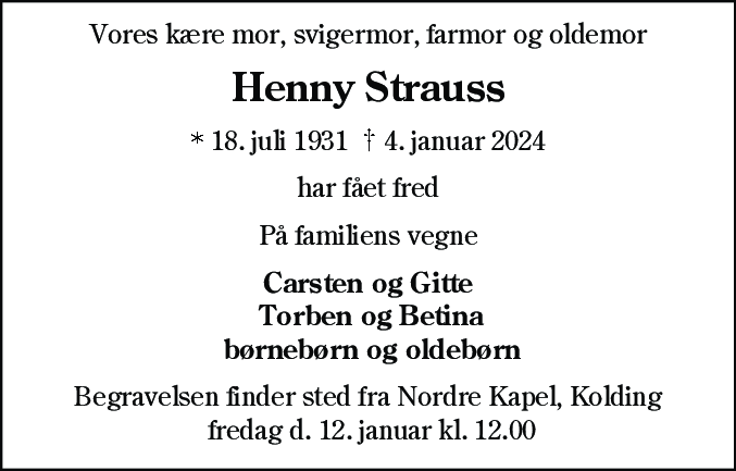 Dødsannonce for Henny Strauss