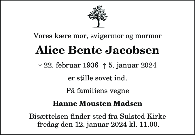 Dødsannonce for Alice Bente Jacobsen
