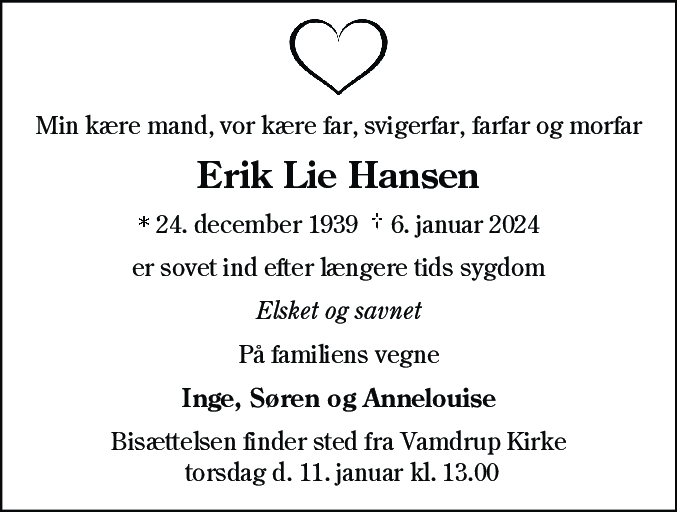 Dødsannonce for Erik Lie Hansen