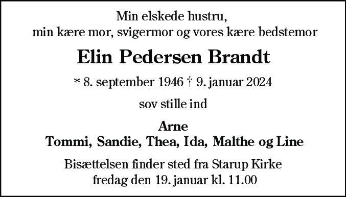 Dødsannonce for Elin Pedersen Brandt