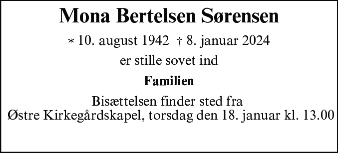 Dødsannonce for Mona Bertelsen Sørensen