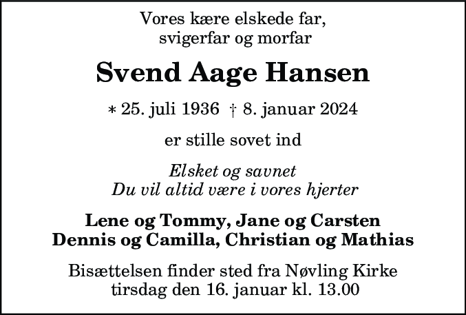 Dødsannonce for Svend Aage Hansen