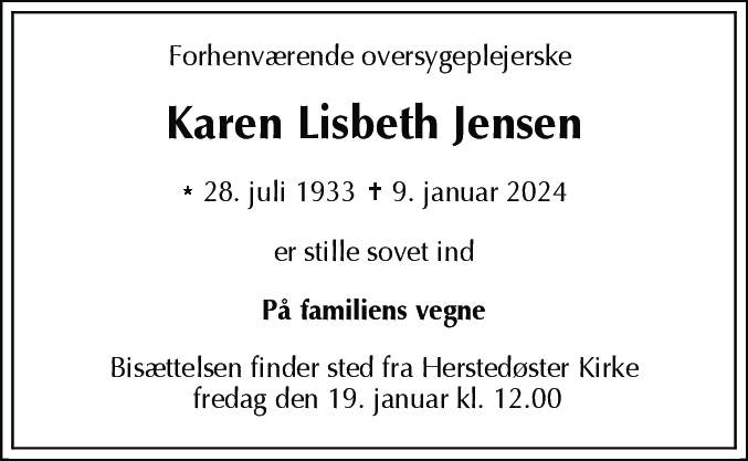 Dødsannonce for Karen Lisbeth Jensen