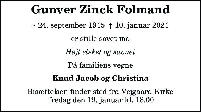 Dødsannonce for Gunver Zinck Folmand