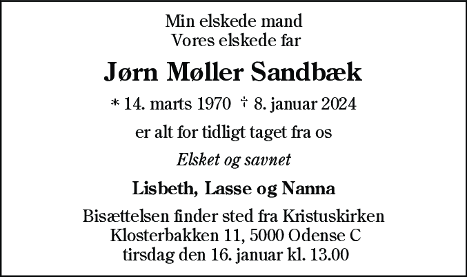 Dødsannonce for Jørn Møller Sandbæk