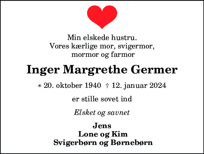 Dødsannonce for Inger Margrethe Germer