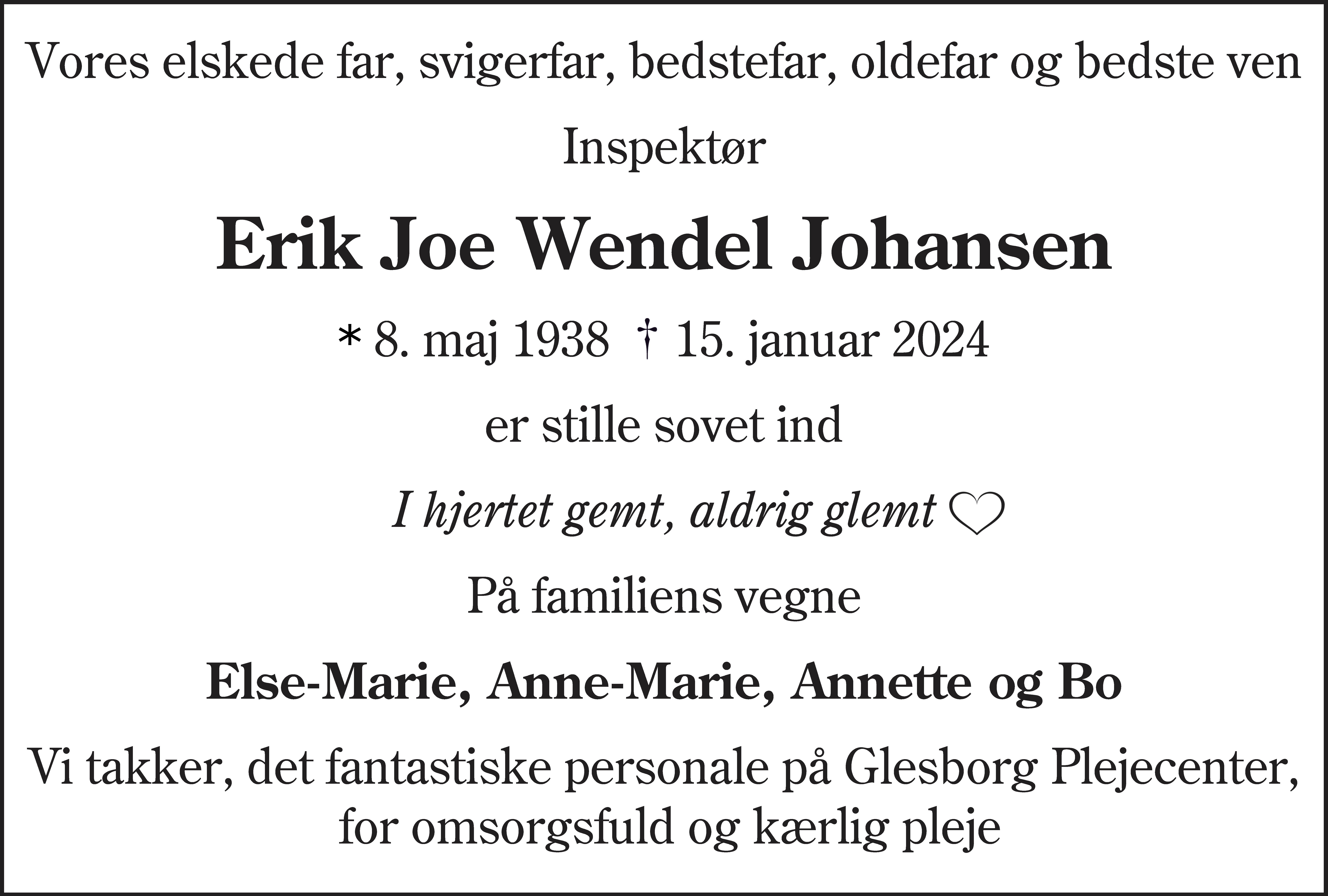 Dødsannonce for Erik Joe Wendel Johansen