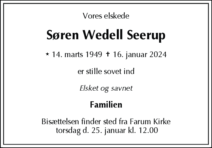 Dødsannonce for Søren Wedell Seerup