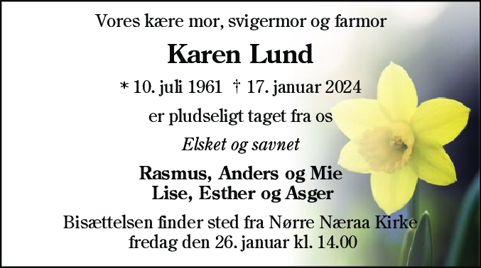 Dødsannonce for Karen Lund