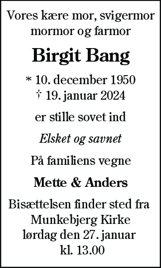 Dødsannonce for Birgit Bang