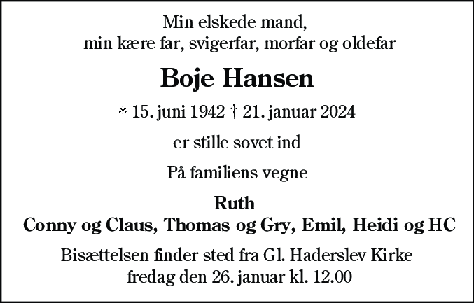 Dødsannonce for Boje Hansen