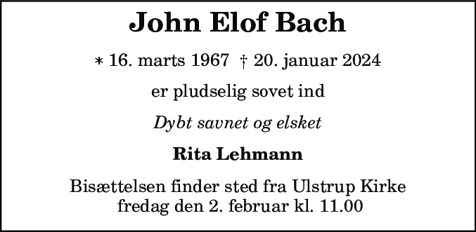 Dødsannonce for John Elof Bach