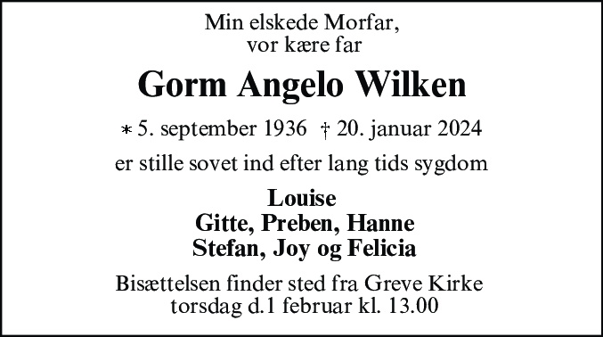Dødsannonce for Gorm Angelo Wilken