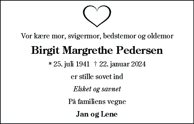 Dødsannonce for Birgit Margrethe Pedersen