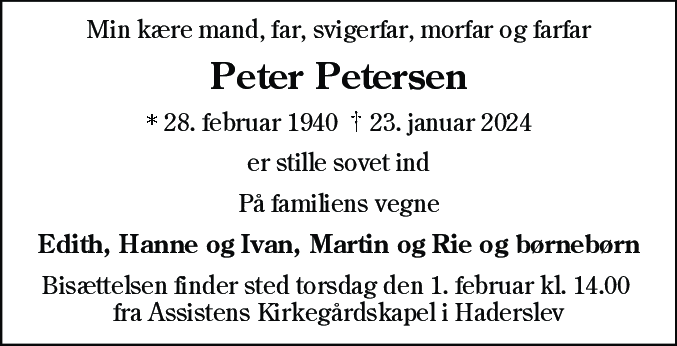 Dødsannonce for Peter Petersen