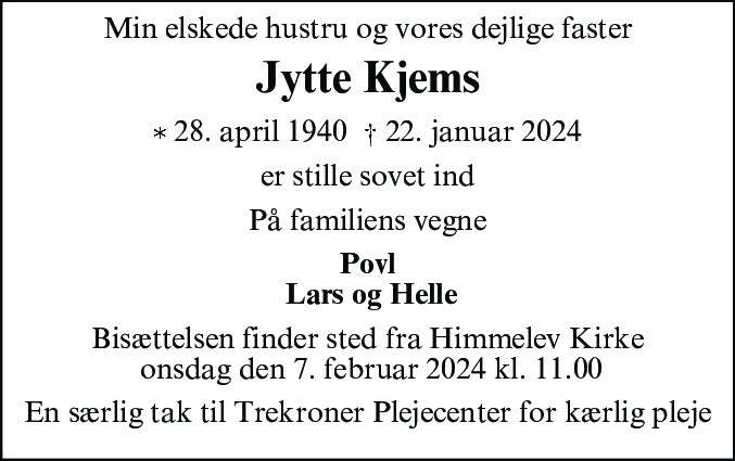 Dødsannonce for Jytte Kjems