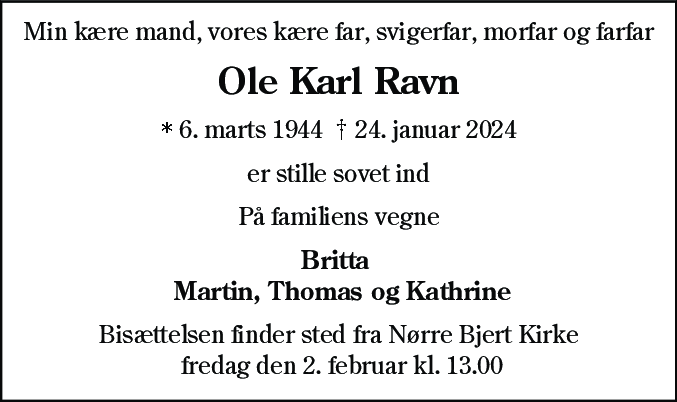 Dødsannonce for Ole Karl Ravn