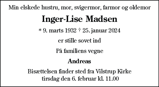 Dødsannonce for Inger Lise Madsen