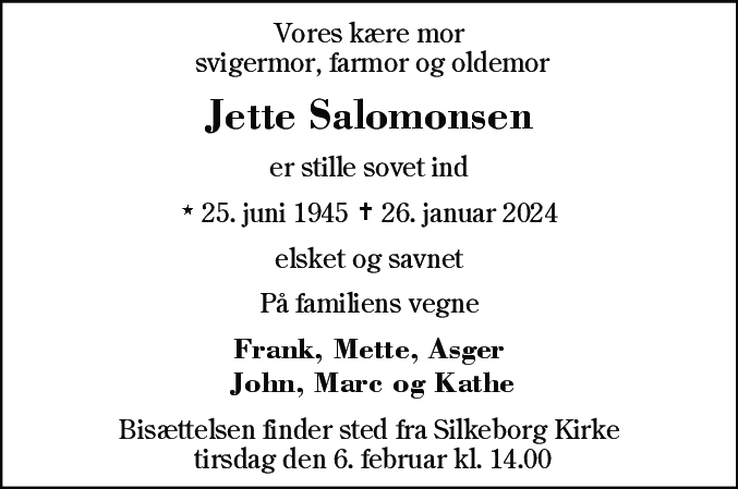 Dødsannonce for Jette Salomonsen