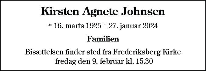Dødsannonce for Kirsten Agnete Johnsen