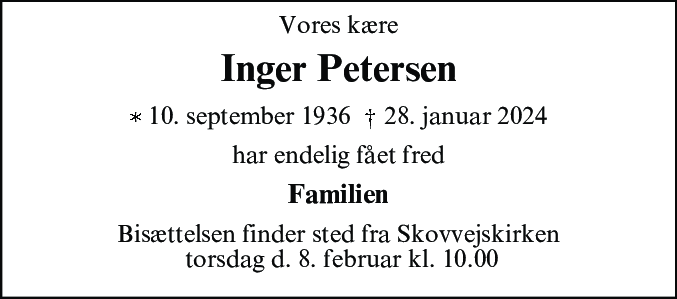 Dødsannonce for Inger Petersen
