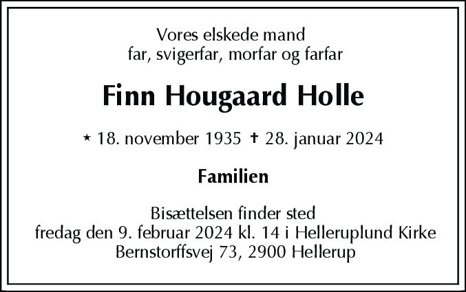 Dødsannonce for Finn Hougaard Holle