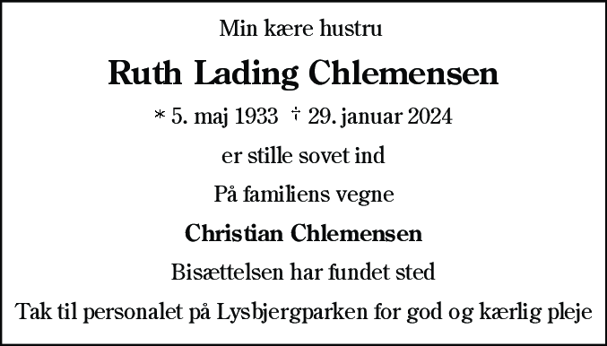 Dødsannonce for Ruth Lading Chlemensen