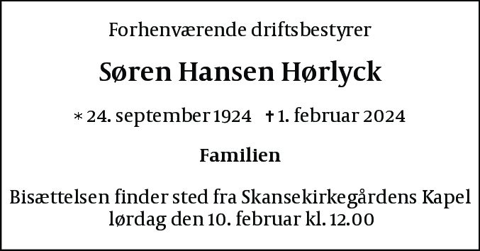 Dødsannonce for Søren Hansen Hørlyck