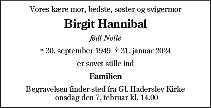 Dødsannonce for Birgit Hannibal
