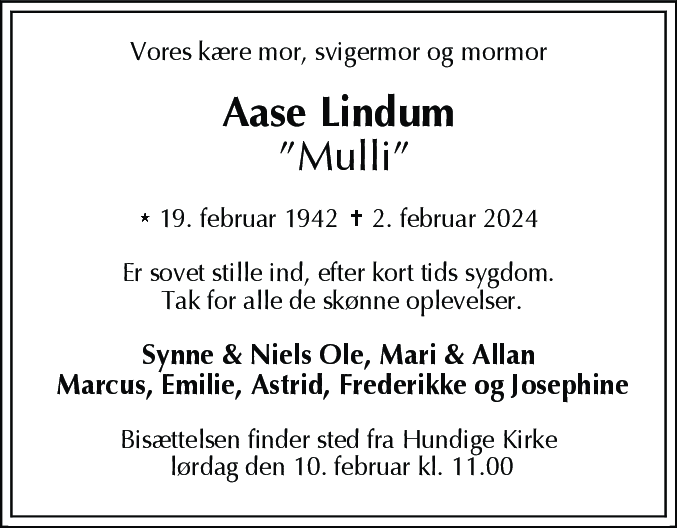 Dødsannonce for Aase Lindum